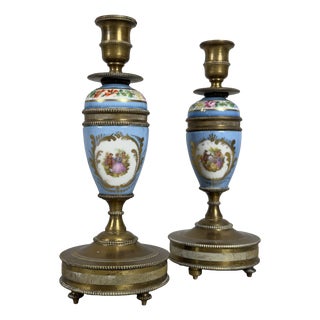 French Candlesticks in Brass and Ceramic, Set of 2 For Sale