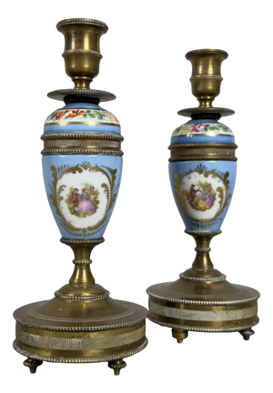 French Candlesticks in Brass and Ceramic, Set of 2