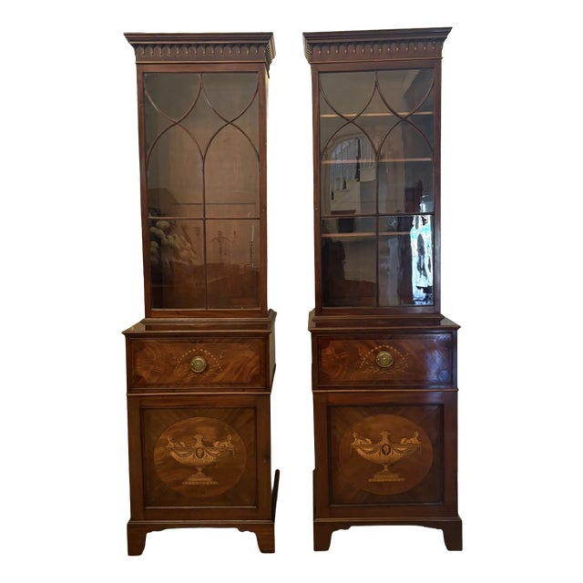 Antique Regency Mahogany Inlaid Astragal Glazed Library Bookcases, 1820, Set of 2 For Sale