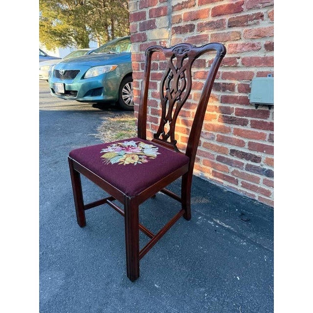 Brown Antique Chippendale Style Neddle Point Seat Dining Chairs For Sale - Image 8 of 16