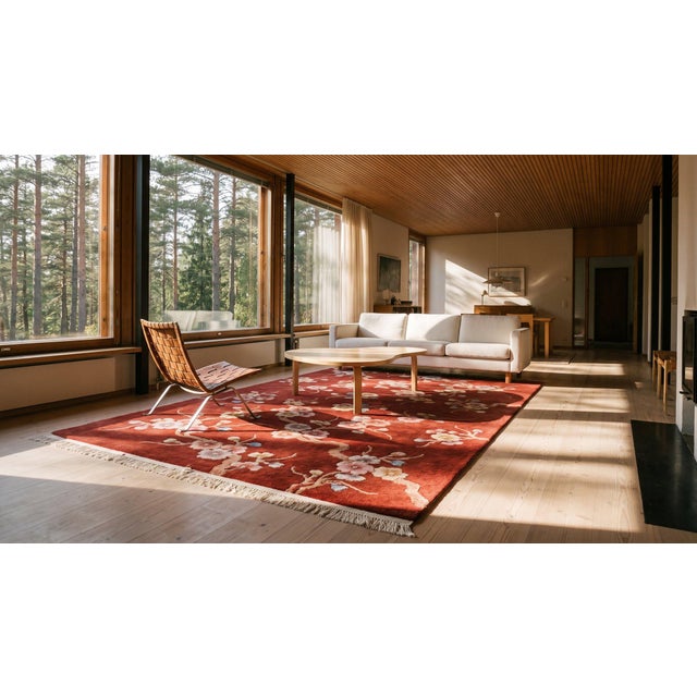 Luxurious Ruby Red Color With Lovely Floral Design Chinese Art Deco Rug For Sale - Image 11 of 13