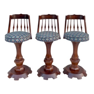 Set of 3 Medieval Revivalist Carved Wood Swivel Bar Stools For Sale