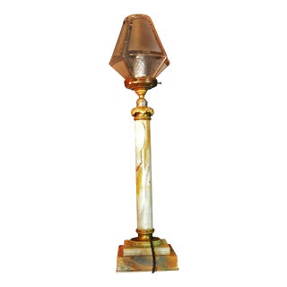 Antique Onyx, Bronze & Etched Glass Column Table Lamp, 1920 For Sale