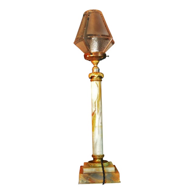Antique Onyx, Bronze & Etched Glass Column Table Lamp, 1920 For Sale