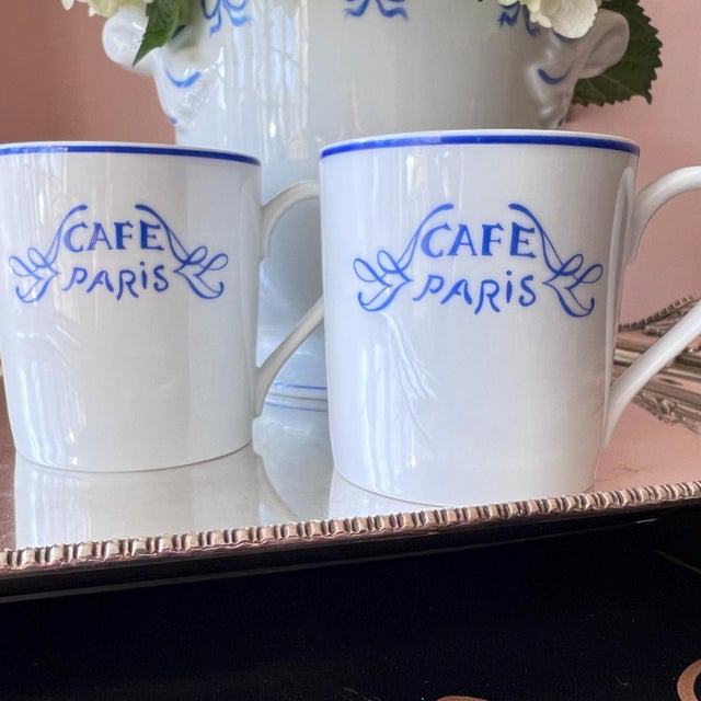 French 1980s Pair of Bernardaud Limoges coffee mugs in the "Cafe Paris" pattern // blue and white French porcelain // Made in France // hard to find For Sale - Image 3 of 5