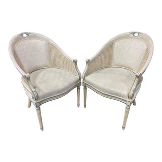 1960s Vintage Cream and Wedgewood Blue Louis XVI Cane Barrel Chairs with Decorative Keyhole Detailing - a Pair For Sale