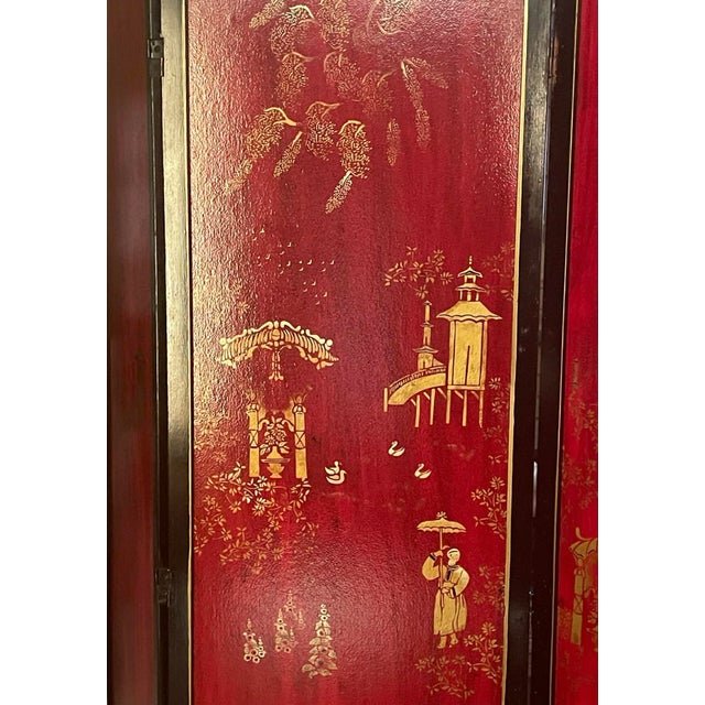 Mid Century Four-Panel Deep Red/Gold Chinoiserie Screen With Decorated Black Boarder For Sale - Image 18 of 18