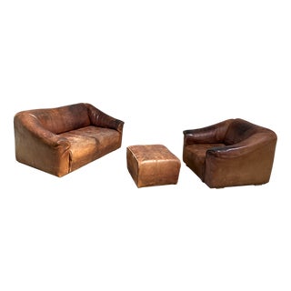 DS47 Sofa with Armchair and Stool in Leather from De Sede, 1970s, Set of 3 For Sale