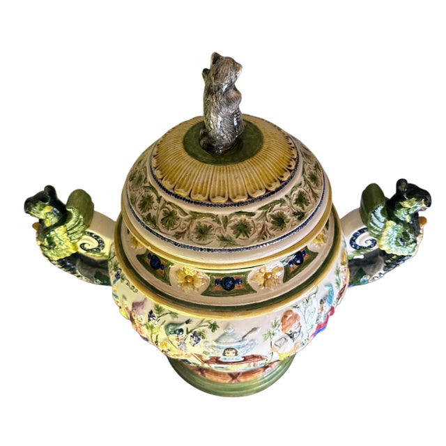 Vintage Majolica Style Covered Tureen With Gnomes and Wing Gryphon Handles For Sale - Image 10 of 12