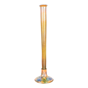 Louis Comfort Tiffany Furnaces Favrile Iridescent Art Glass Tall Bud Vase on Bronze Doré Enameled Stand, 1920s