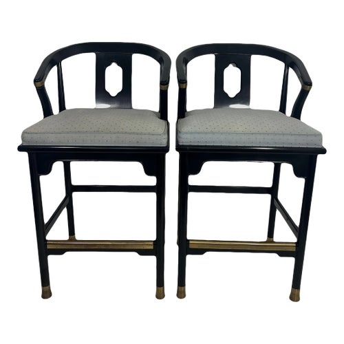 James Mont Black Lacquer 'Ming' Style Chinoiserie Bar Stools, With