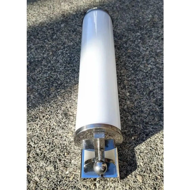 Art Deco Pair Skyscraper Vintage Art Deco Wall Sconces in Nickel Brass & Milk Glass Tube Ship Light For Sale - Image 3 of 6