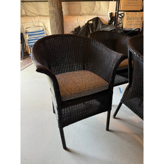 Set of 5 Lamberts Black Wicker Arm Chairs With Custom Perennials Seat Cushions For Sale - Image 9 of 14