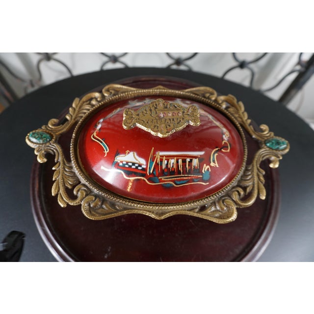 Mid 19th Century Vintage Jerusalem Red Enamel Trinket Box With Ornate Gilt Filigree Frame | Holy Land Souvenir Jewelry Box For Sale - Image 5 of 7