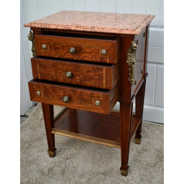Inlaid Wood Nightstand Vintage Italian 3 Drawer Marble Accent Chest Brass Ormolu 80s For Sale In Philadelphia - Image 6 of 13