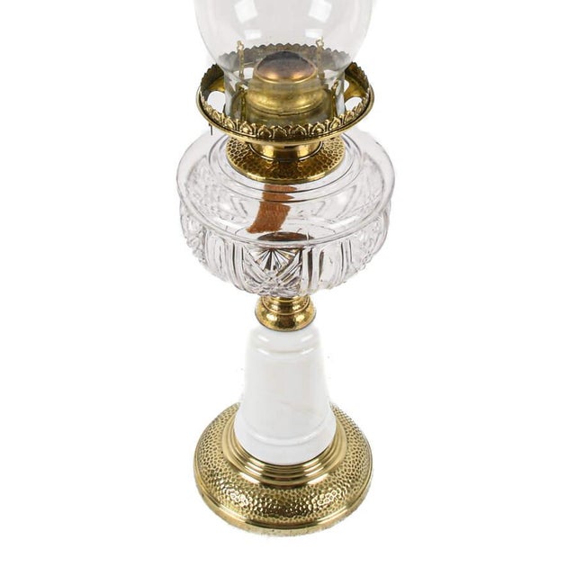 Antique Victorian Milk Glass, Crystal, and Brass Oil Lamp – Ornate 19th‑Century Table Lamp For Sale - Image 4 of 4