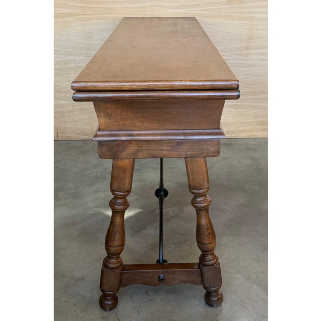 Early 20th Century Spanish Fold Out Console Table with Iron Stretcher & 3 Drawer For Sale - Image 4 of 18