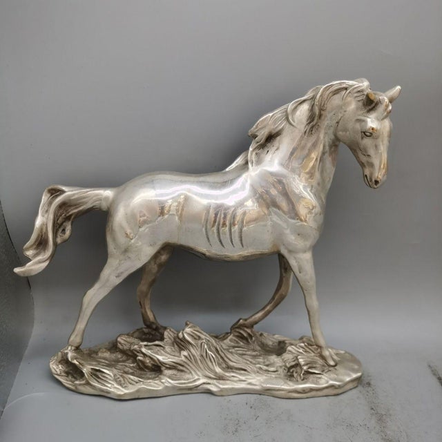 Art Deco Vintage Silver-Tone Metal Horse Sculpture on Rocky Base For Sale - Image 3 of 9