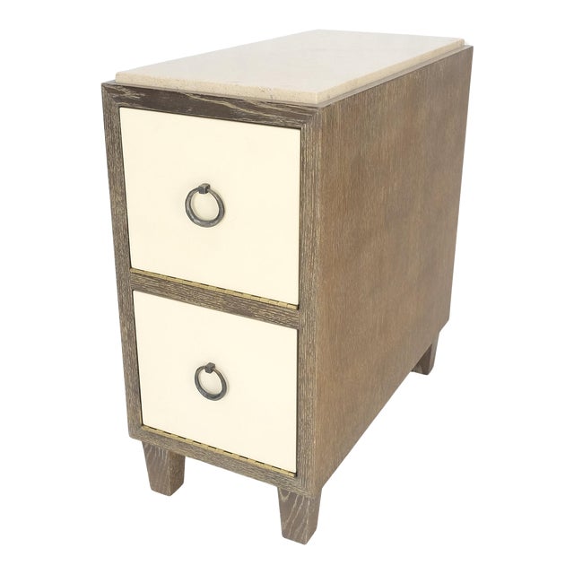 Travertine Top Cerused Drop Front Doors Compartments Night Stand End Table MINT For Sale