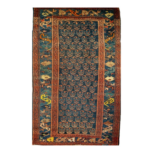 Antique Persian Bidjar Rug, Hand-Knotted Wool, Allover Paisley Pattern. Blue & Green, 4x6 For Sale