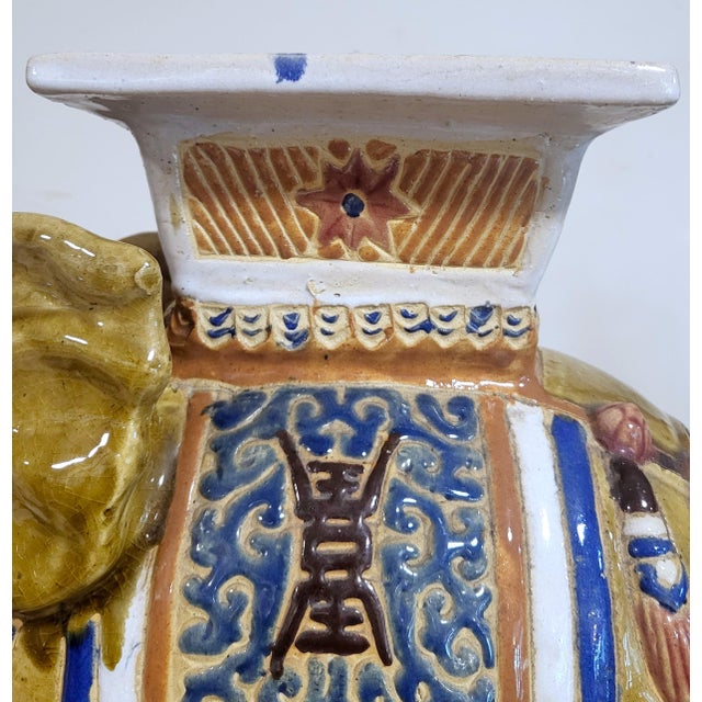 Large Vintage Chinese Asian Glazed Terracotta Elephant Garden Stool Bench For Sale - Image 10 of 15