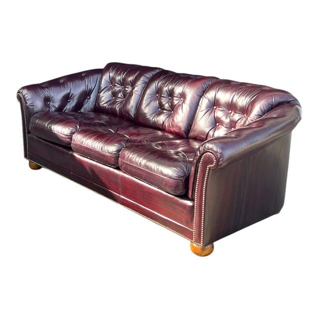1980s Classic Oxblood Leather English Club Sofa With Tufted Back & Brass Trim For Sale - Image 9 of 11