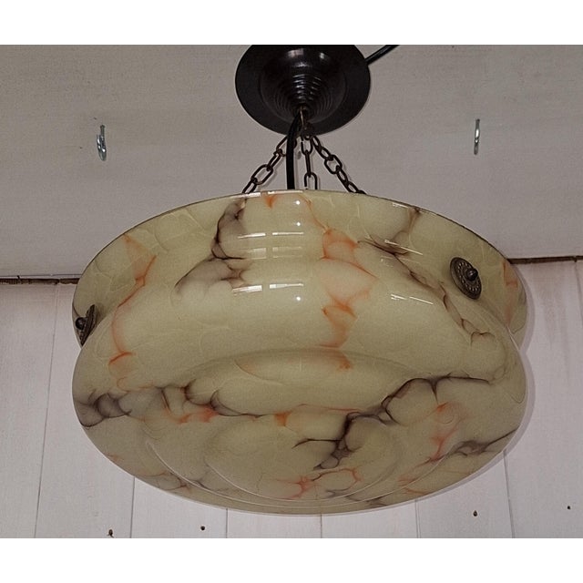 Vintage German Art Deco Pendant Lamp with Beige Marbled Glass Shade, 1920s For Sale - Image 6 of 7