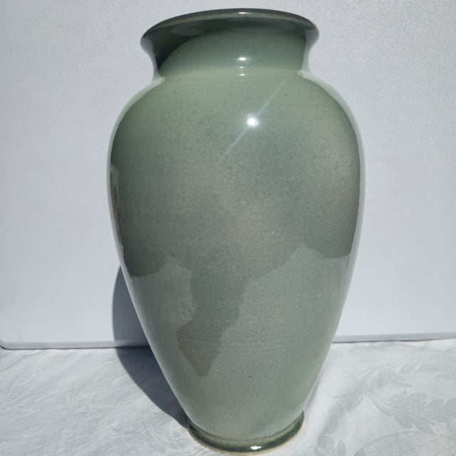 1980s 1980s Hand-Painted Celedon Vase Artist-Signed For Sale - Image 5 of 11