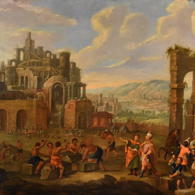 Baroque Flemish Artist, Landscape with Tower of Babel, 17th-18th Century, Oil on Canvas, Framed For Sale - Image 3 of 17