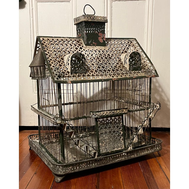 Antique 19th Century French Tole & Wire Victorian House Form Bird Cage For Sale - Image 9 of 15