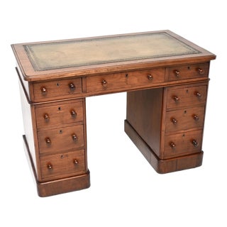 Antique Victorian Walnut Leather Top Pedestal Desk, 1890 For Sale