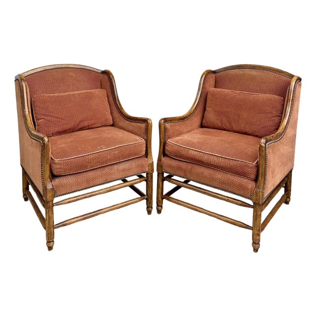 Pair of Vintage Cal-Mode French Walnut Lounge Chairs in Terracotta Upholstery For Sale