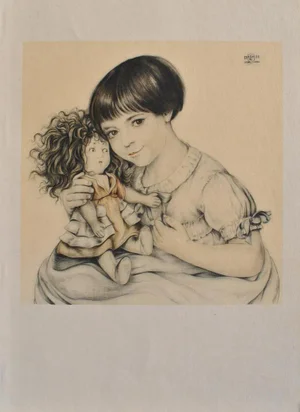 Walter Sauer, Portrait of a Child and Her Doll, Signed Engraving