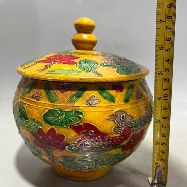 Yellow Yellow Ground Raised Enamel Mandarin Duck & Lotus Porcelain Lidded Jar, Chinoiserie Canister For Sale - Image 8 of 8