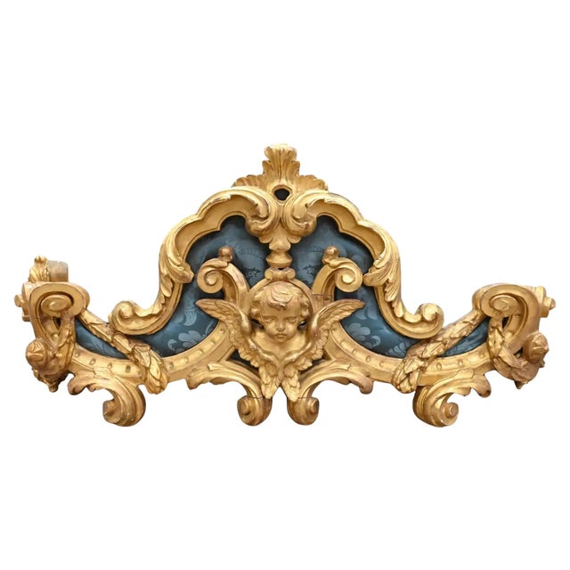 Magnificent Italian 19th Century Giltwood Baldacchino Bed Canopy. Carved Baroque winged putti with reverse C-scrolls,...