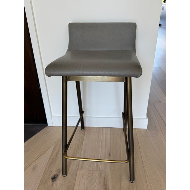 Thomas Hayes Studio Set of 3 Thomas Hayes Custom "Gachot" Stools in Grey Leather and Rubbed Brass For Sale - Image 4 of 11