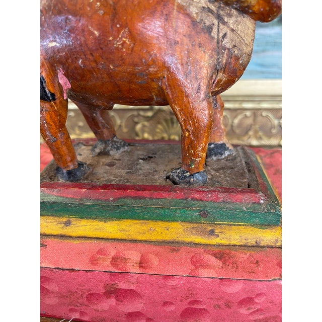 Brown Likely Antique Hand-Carved Wooden Cow Figurine on Painted Base - Folk Art Sculpture For Sale - Image 8 of 9