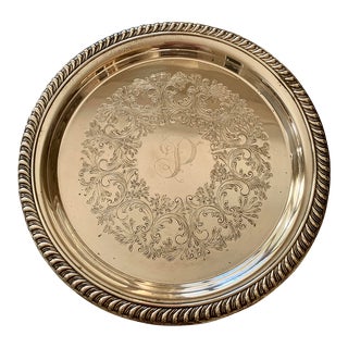 Vintage Silverplate Round Tray Monogrammed P For Sale