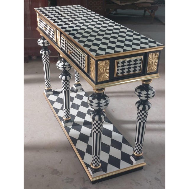 Vintage Harlequin Entryway Console Table Black & White Hollywood Regency For Sale - Image 4 of 9