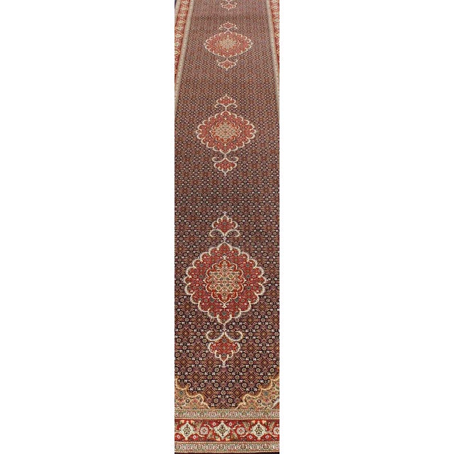 1960s Vintage Persian Tabriz Runner Featuring Central Medallion Motifs on Navy Field 2'7 X 12'7 For Sale - Image 5 of 13