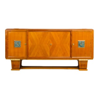 1940s French Walnut Veneer Sideboard With Gilded Carved Wood Details For Sale