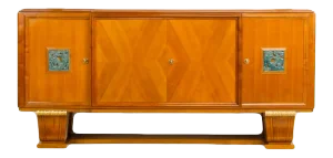 1940s French Walnut Veneer Sideboard With Gilded Carved Wood Details