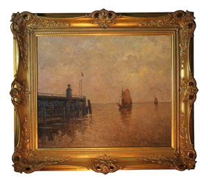 Hans Harländer, Fishing Boats at the Entrance of Cuxhaven Harbor, 20th Century, Oil on Wood, Framed