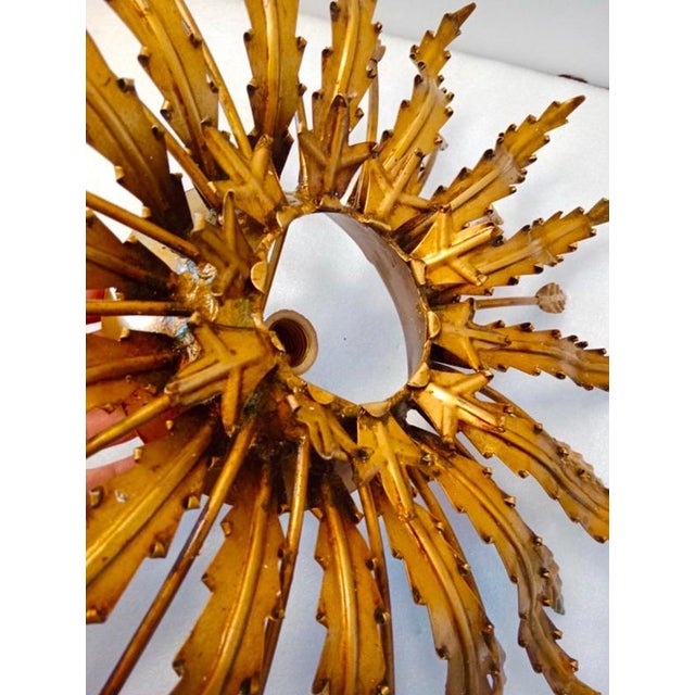 Large Spanish Sunburst Flush Mount in Gilt Metal with Support, 1950 For Sale - Image 6 of 10