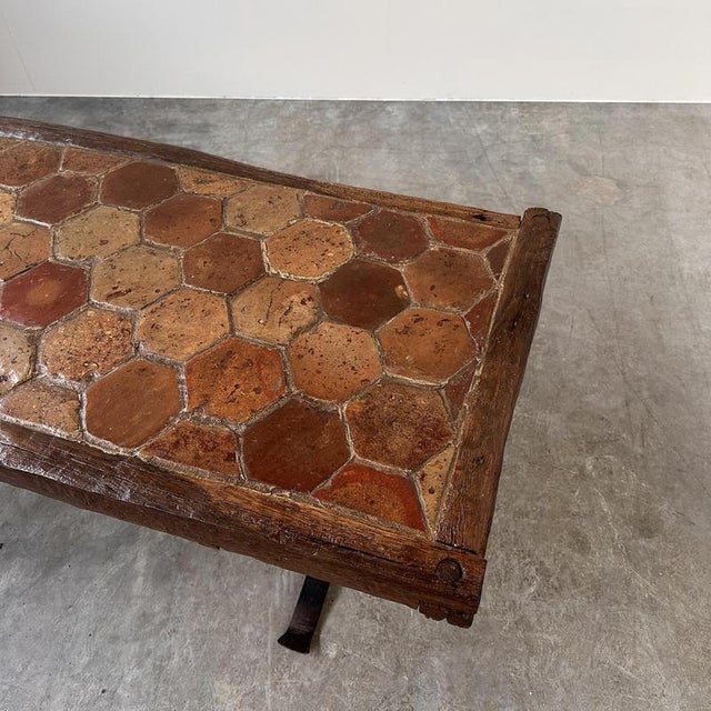 Vintage French Terracotta Tile Coffee Table with Oak and Iron Base, France For Sale - Image 4 of 12
