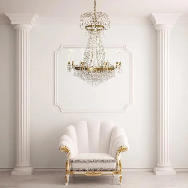 Metal Empire Swedish Style Brass 8 Arm Chandelier With Crystal Drops For Sale - Image 7 of 12