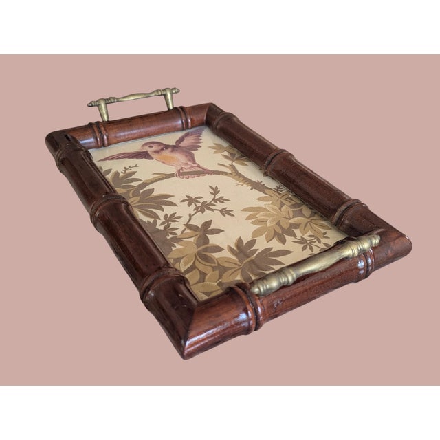 Vintage Faux Bamboo Wooden Tray with a Schumacher Fabric insert under a Glass Panel The Schumacher Fabric is discontinued...