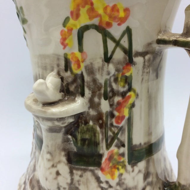 Cream Majolica Garden Scene Jug Pitcher by Flora & Fauna Staffordshire Style England For Sale - Image 8 of 12