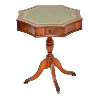 Vintage Top Drum Table in Yew Wood and Leather, 1950 For Sale