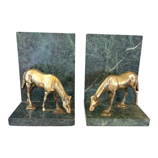 Vintage Brass Grazing Horse Bookends on Verde Green Marble — Hollywood Regency Pair For Sale